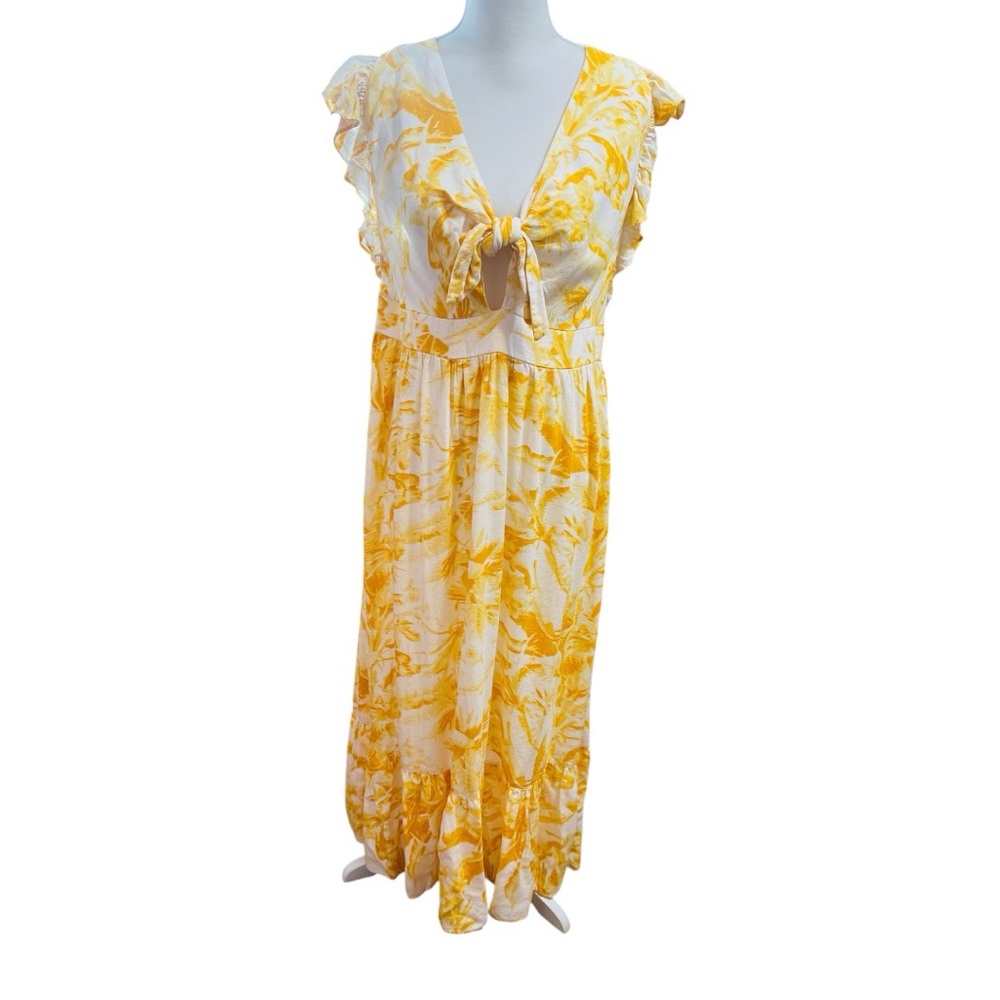 Express Women Maxi Sundress Linen Tie Front Cutout Large Babydoll Tropical NWT